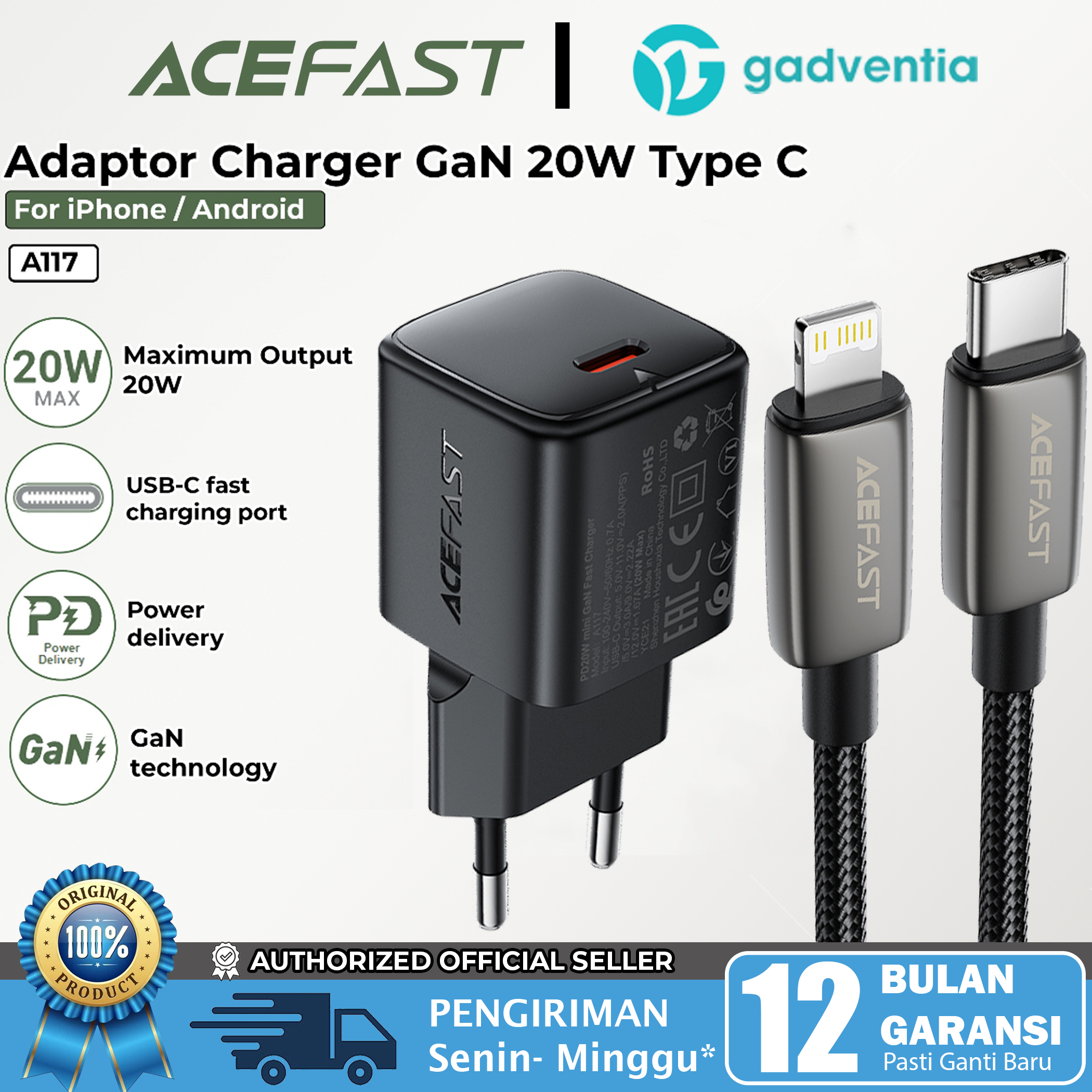 ACEFAST Charger Set With Kabel Type C to Lightning MFi iPhone 11 12 13 14 Pro Max Fast Charging 20W
