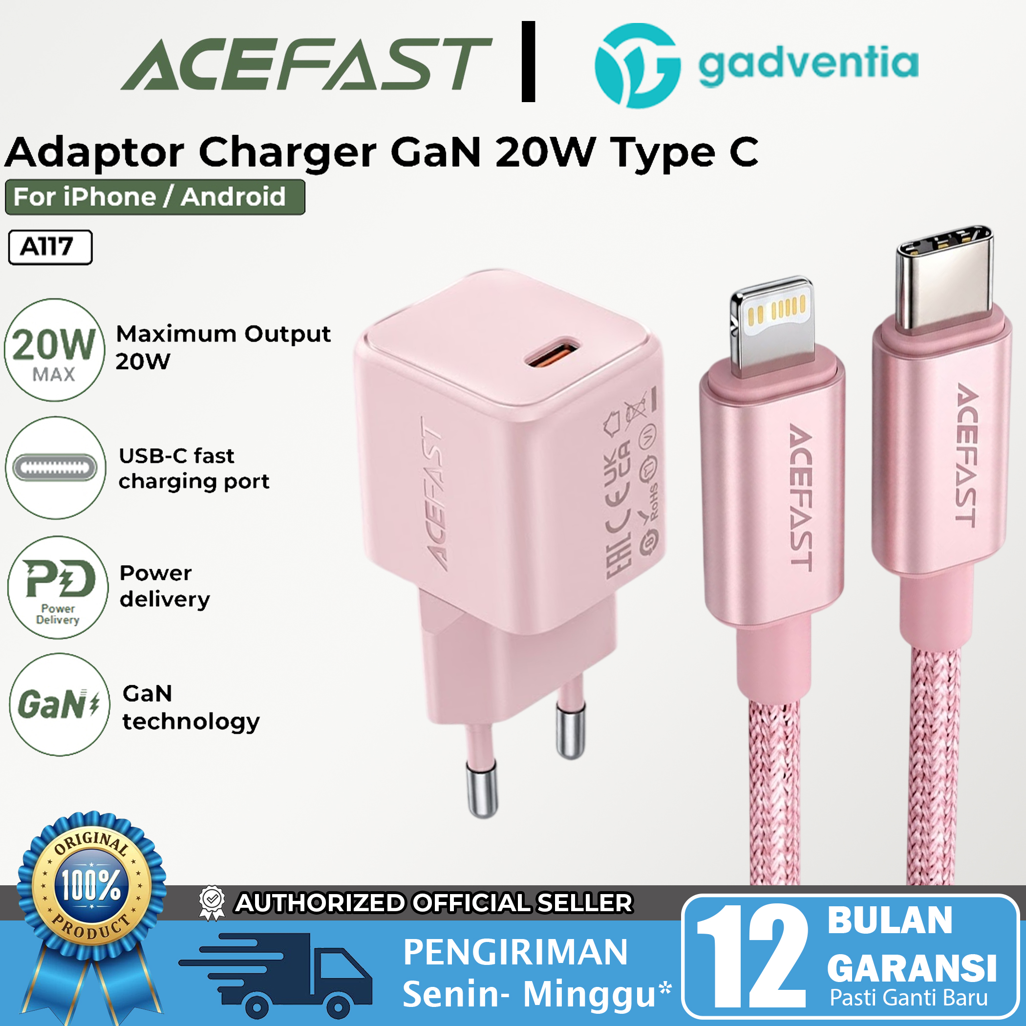 ACEFAST Charger Set With Kabel Type C to Lightning MFi iPhone 11 12 13 14 Pro Max Fast Charging
