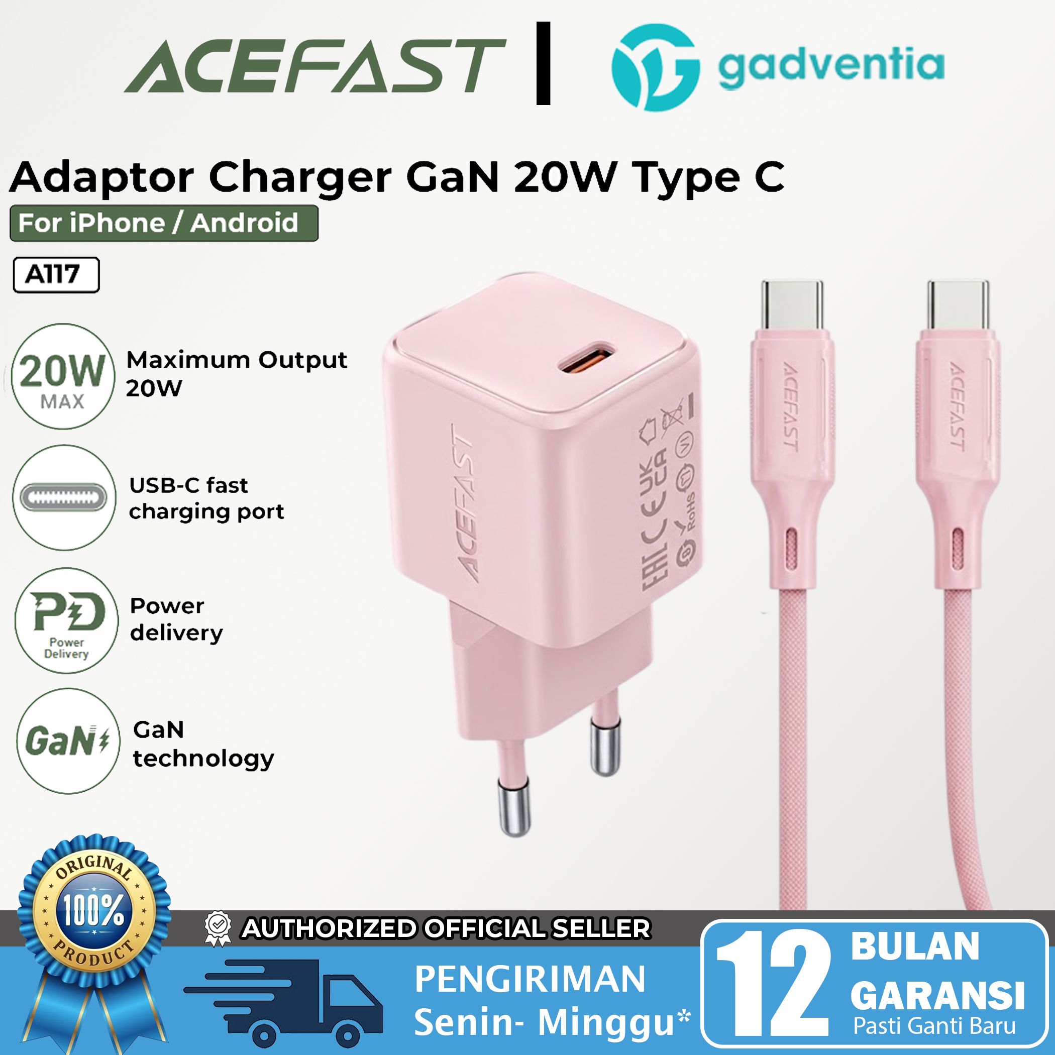 ACEFAST Charger Set With Kabel Type C to Type C Pink For Android Samsung Oppo Vivo Fast Charging 20W